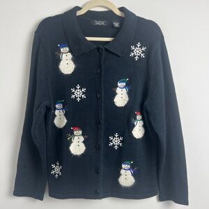 Vintage Crystal Kobe Black Christmas Snowmen Snowflake Embroidered Cardigan L